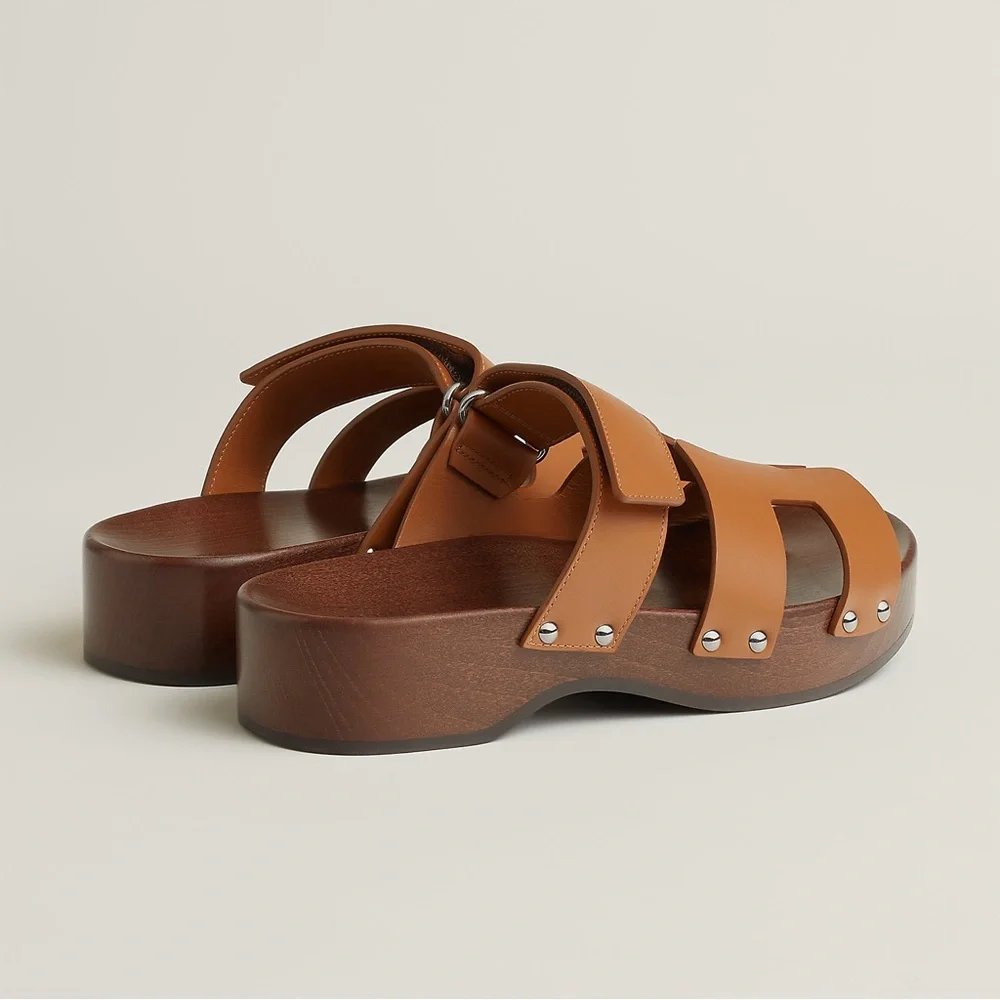 Hermes Women’s Kos - Leather Slide Sandals in Cognac